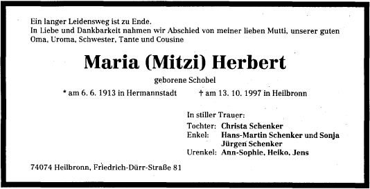 Schobel Maria 1913-1997 Todesanzeige